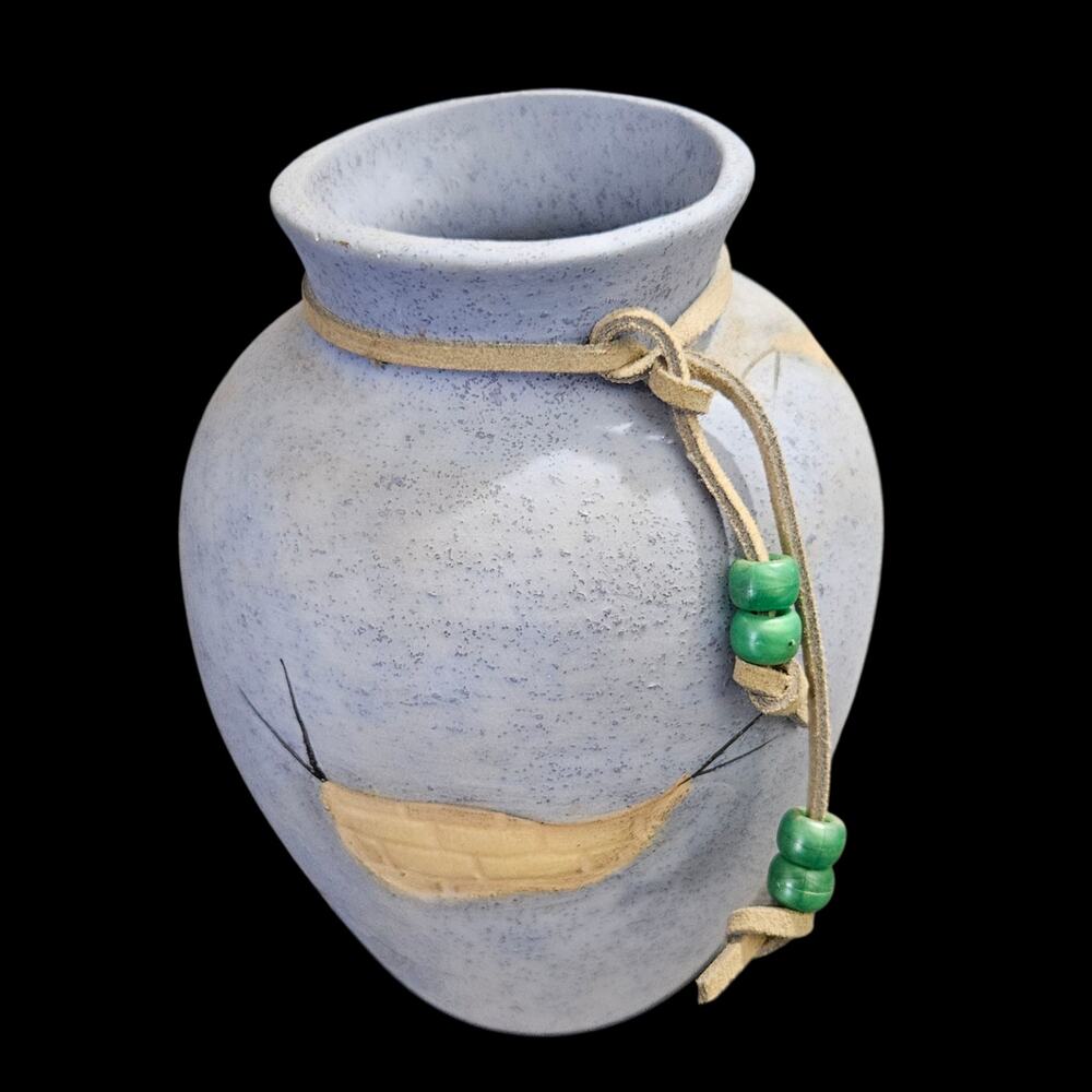 Vintage Southwestern Style Pottery Vase Blue Speckled Leather Cord